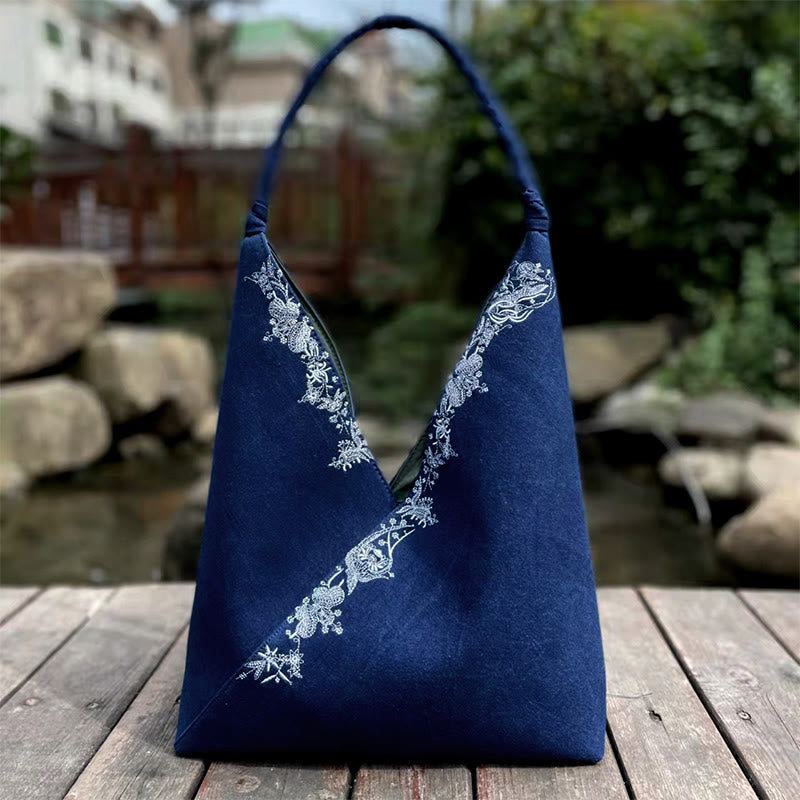 Handmade Embroidered Canvas Tote Bag Set with Spiritual Pattern