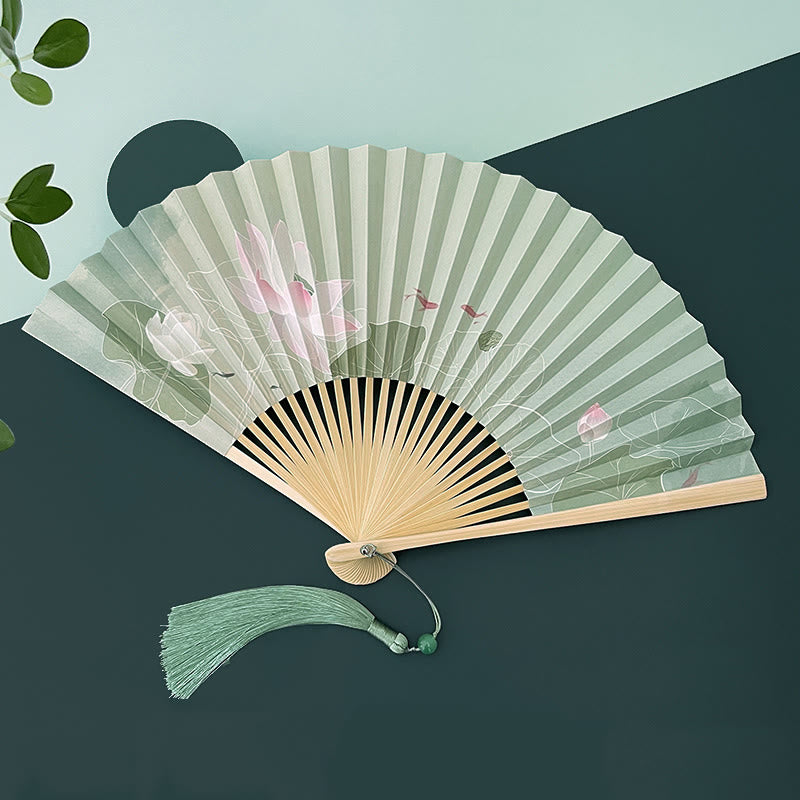 Lotus Flower Chinese Folding Fan with Bamboo & Paper