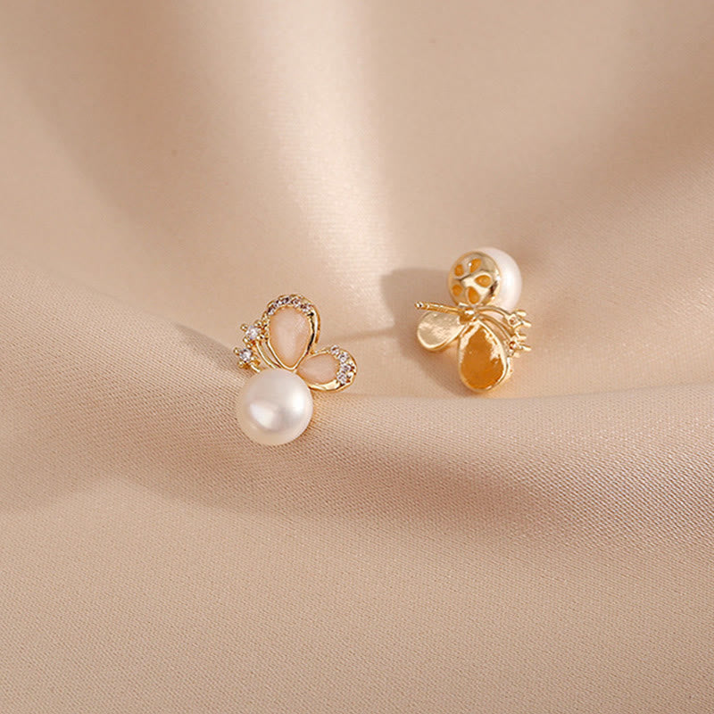18K Gold Pearl Butterfly Love Freedom Stud Earrings