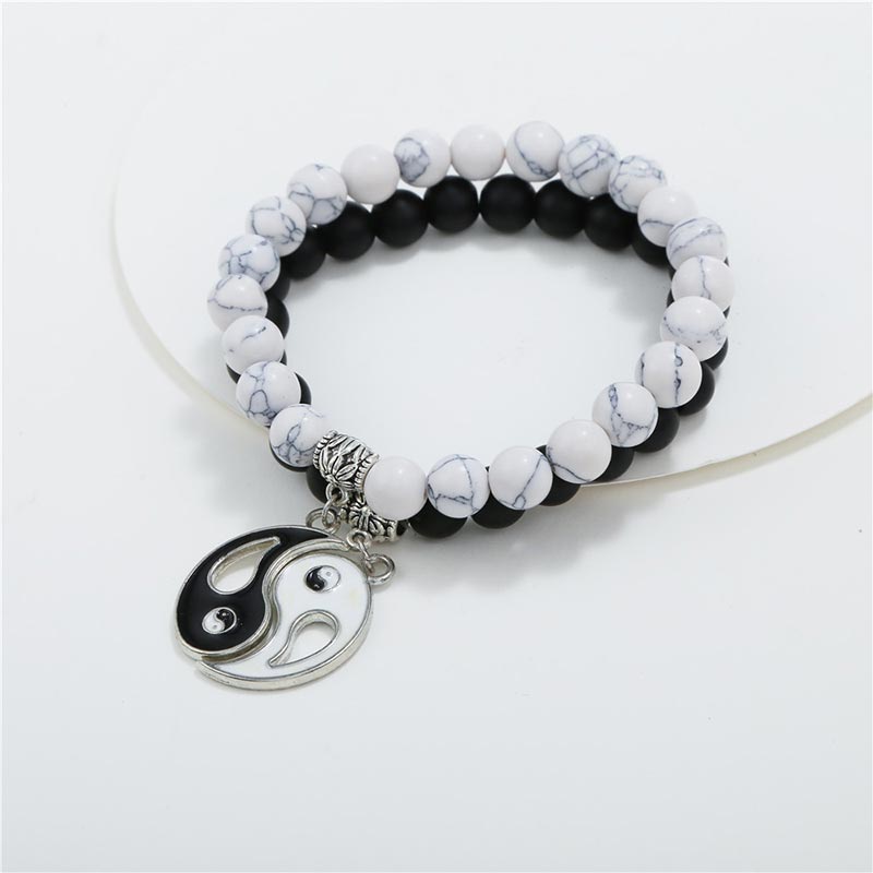 Unisex Yin Yang Bracelet Set with Black Onyx and White Turquoise Beads
