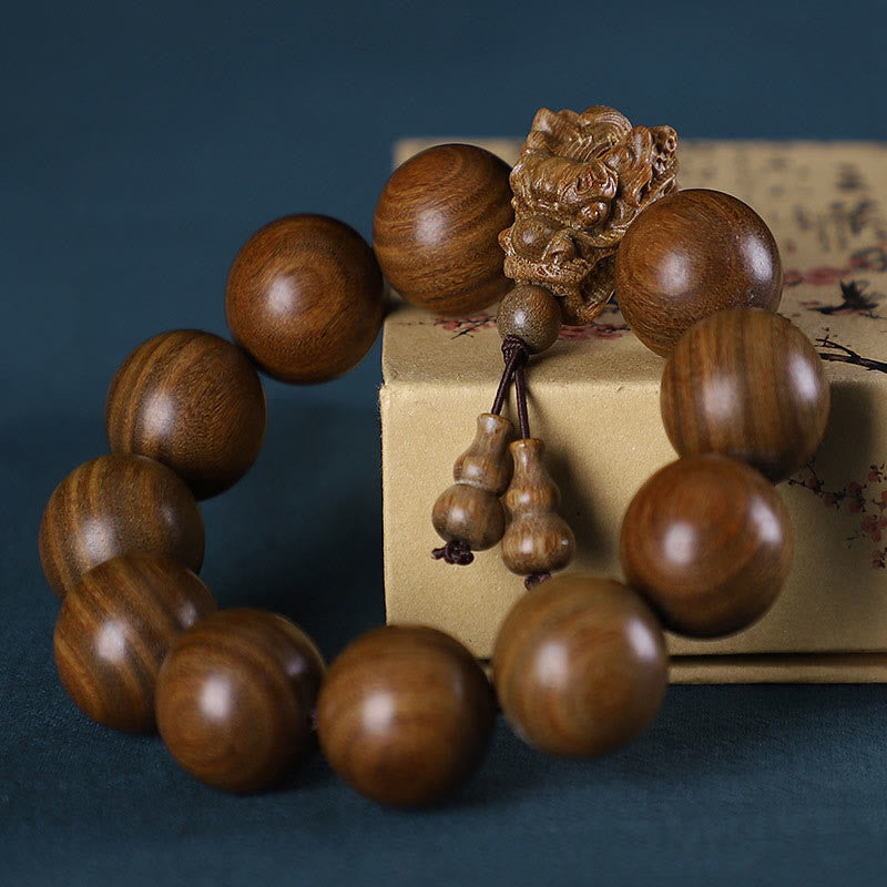 Dragon Carved Protection Bracelet in Rosewood & Sandalwood 20mm Beads