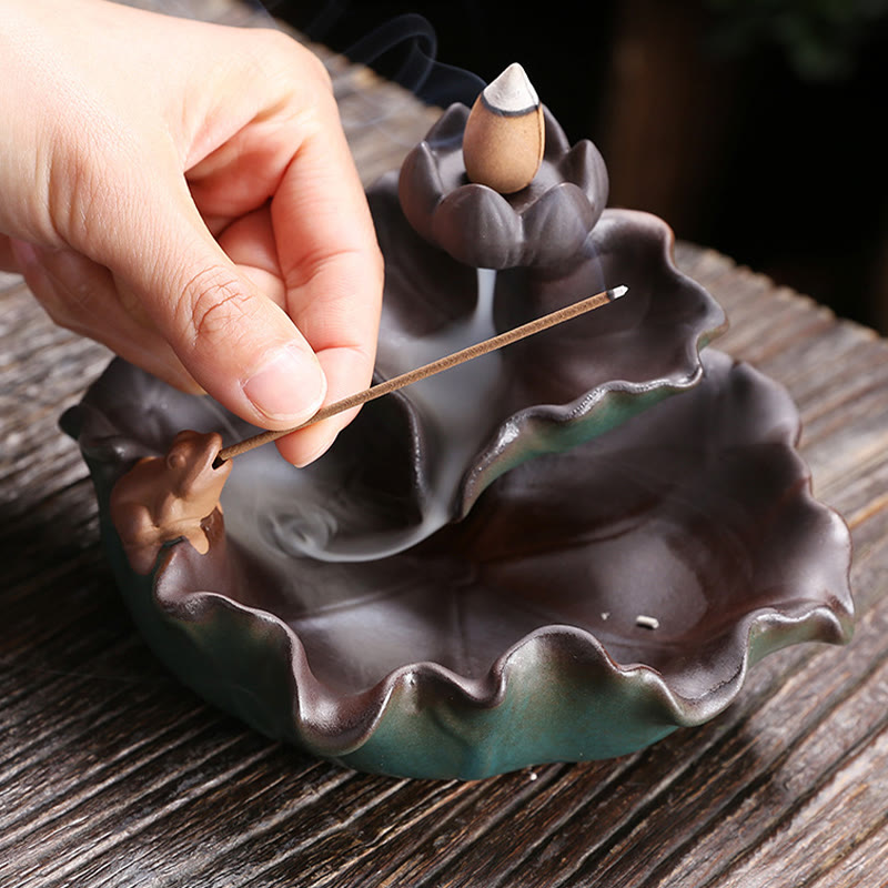 Ceramic Incense Burner Lotus Flower Frog Butterfly Decor
