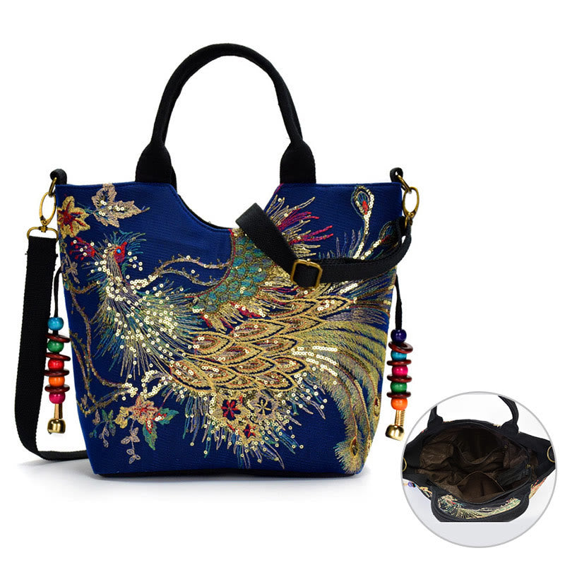 Peacock Embroidered Tote Bag | Canvas Shoulder Crossbody