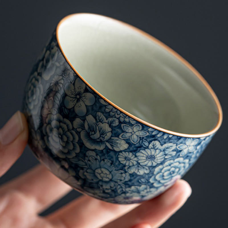 Ceramic Zen Tea Cup with Blue Lotus & Chrysanthemum Design 95ml