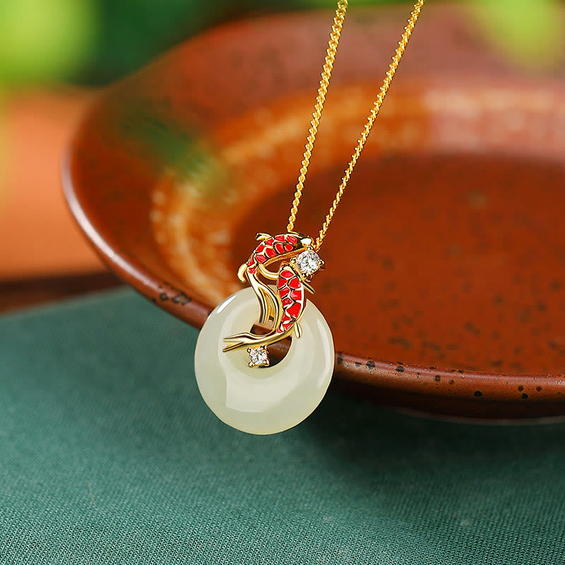 Hetian Jade Koi Fish Peace Buckle Pendant Necklace