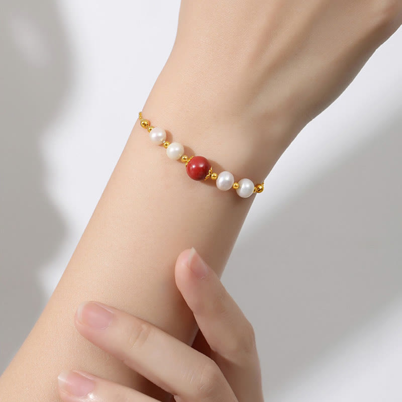925 Sterling Silver Pearl & Cinnabar Healing Bracelet 14cm-18cm