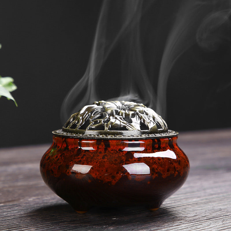 Flower Pattern Ceramic Incense Burner for Meditation & Blessing
