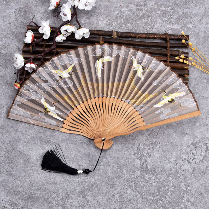 Classic Bamboo Hand Fan | Vintage Cloud Crane Pattern