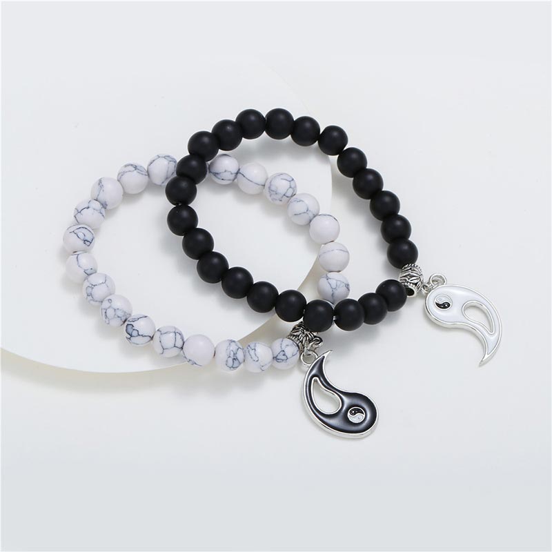 Unisex Yin Yang Bracelet Set with Black Onyx and White Turquoise Beads