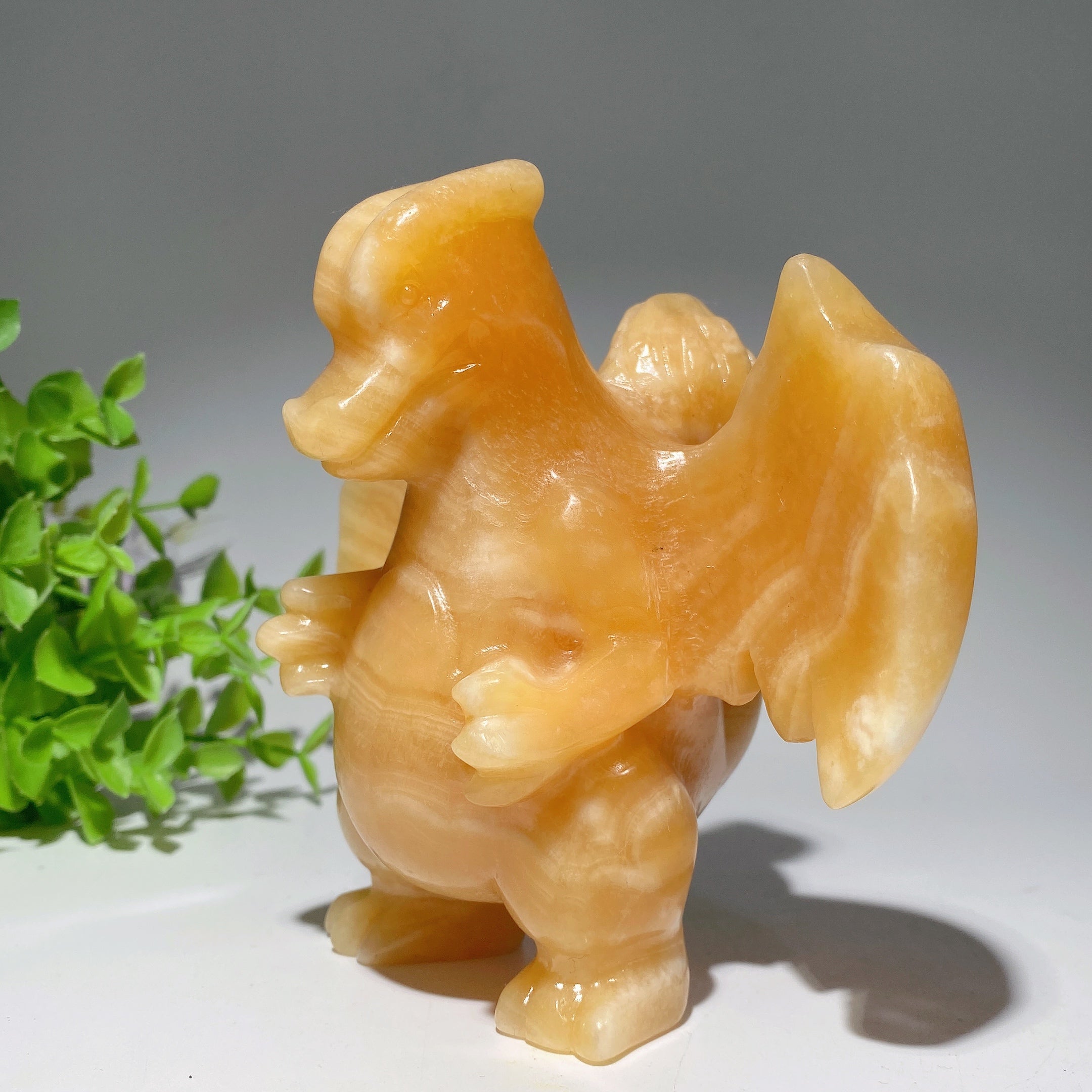5.1" Orange Calcite Crystal Dragon Carving Figurine