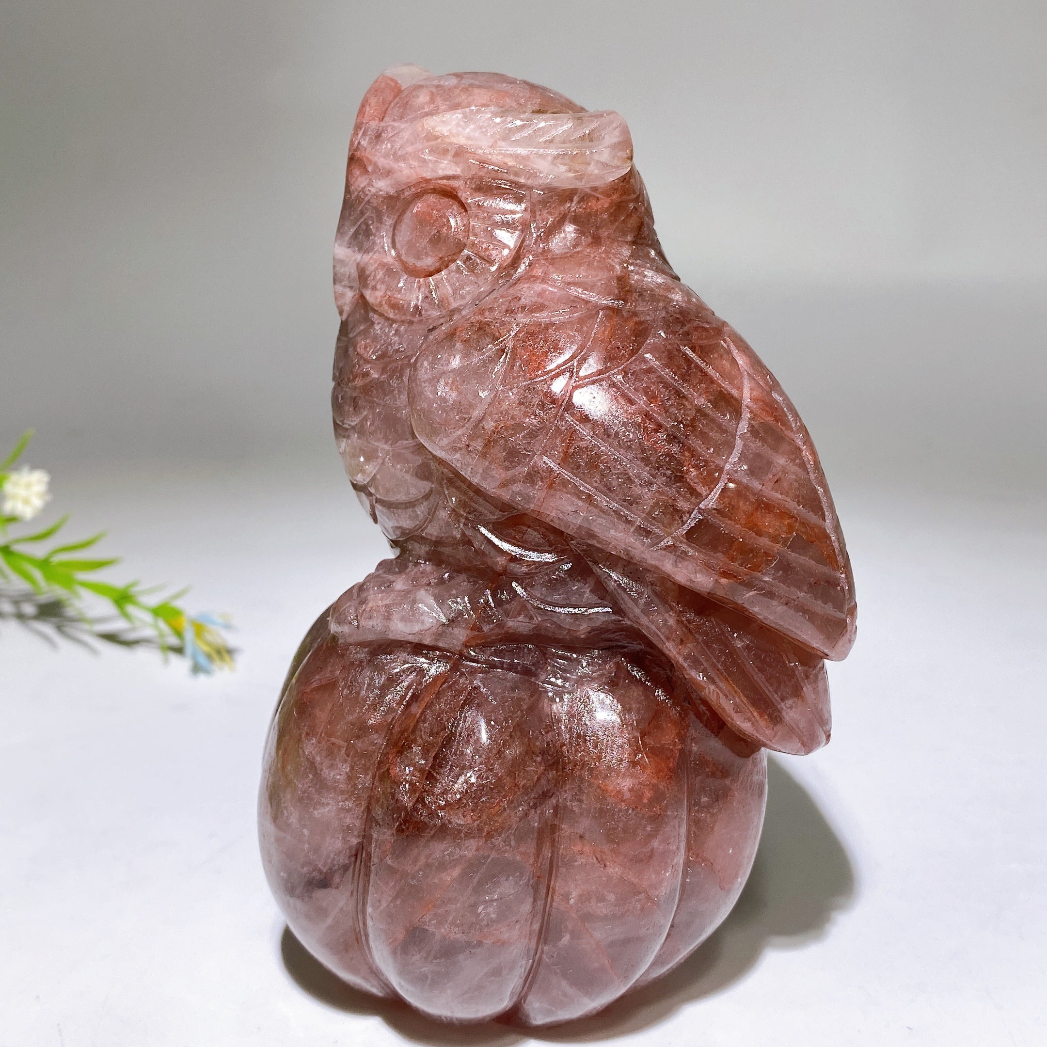 5.2" Hand-Carved Fire Quartz Owl on Pumpkin Figurine