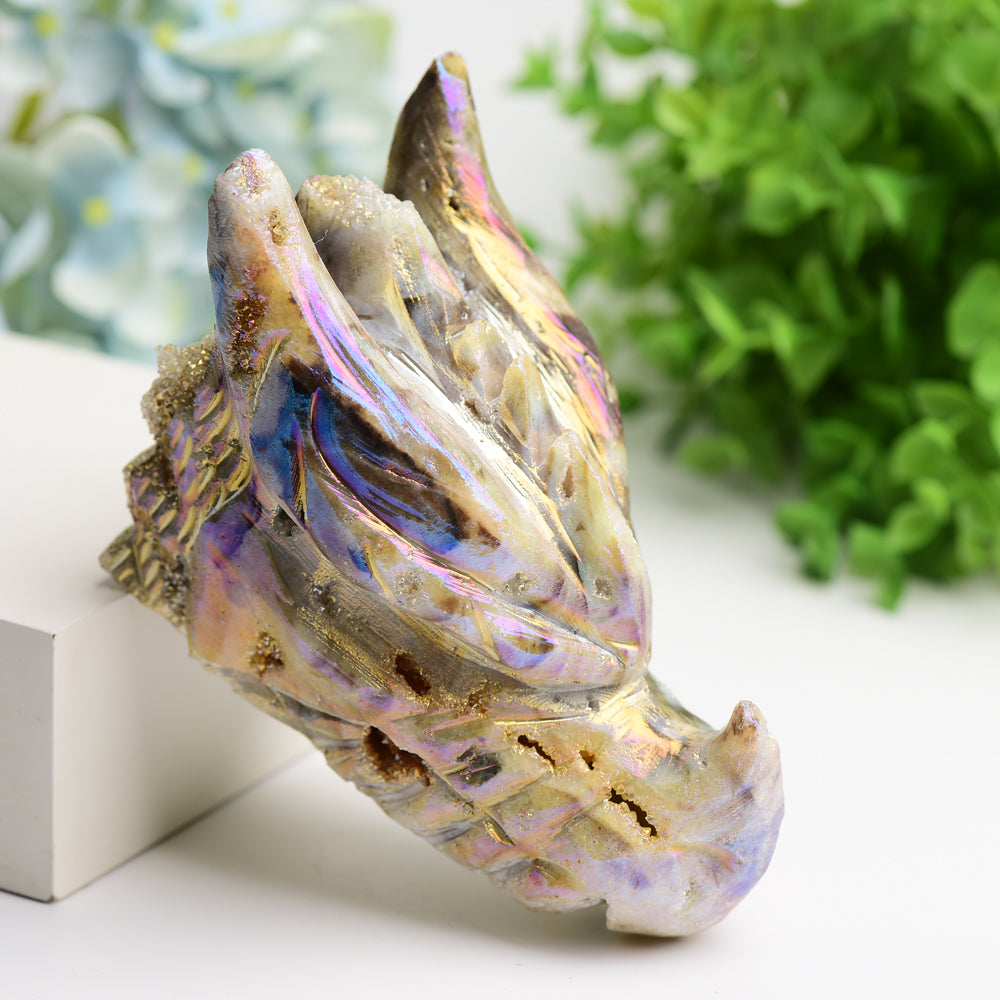 5.2-Inch Aura Druzy Crystal Dragon Head Carving