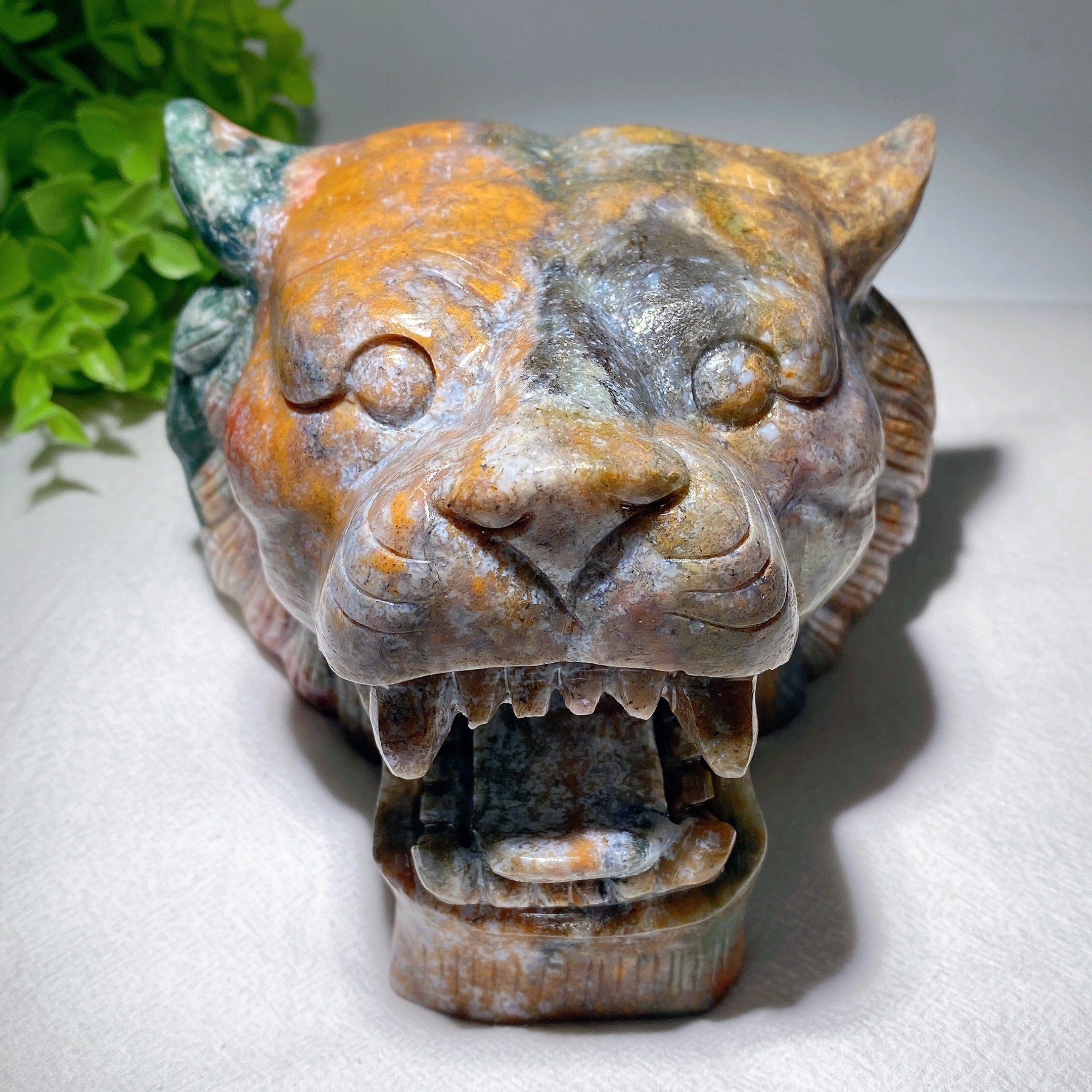 5.2 inch Ocean Jasper Tiger Head Crystal Carving for Healing