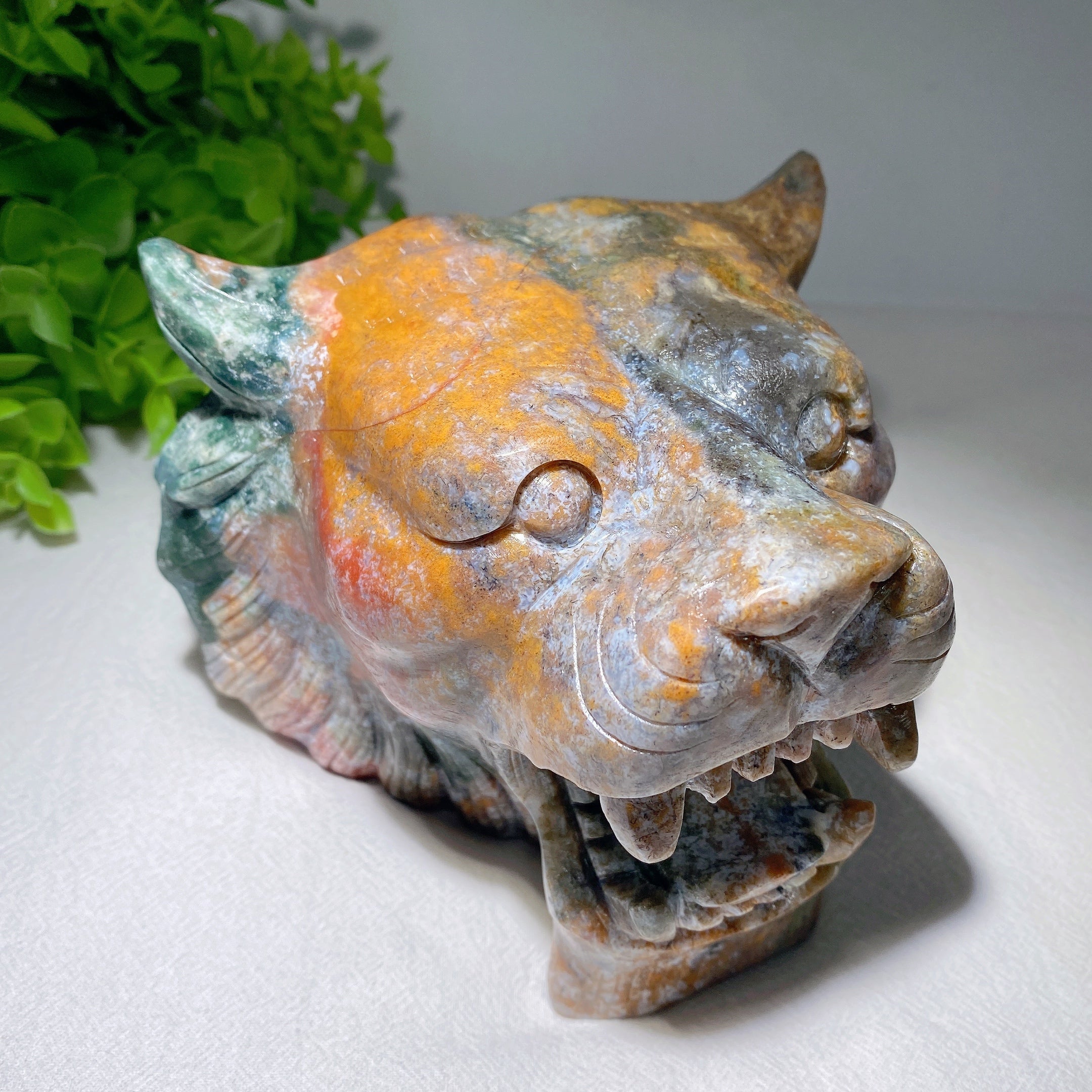 5.2 inch Ocean Jasper Tiger Head Crystal Carving for Healing