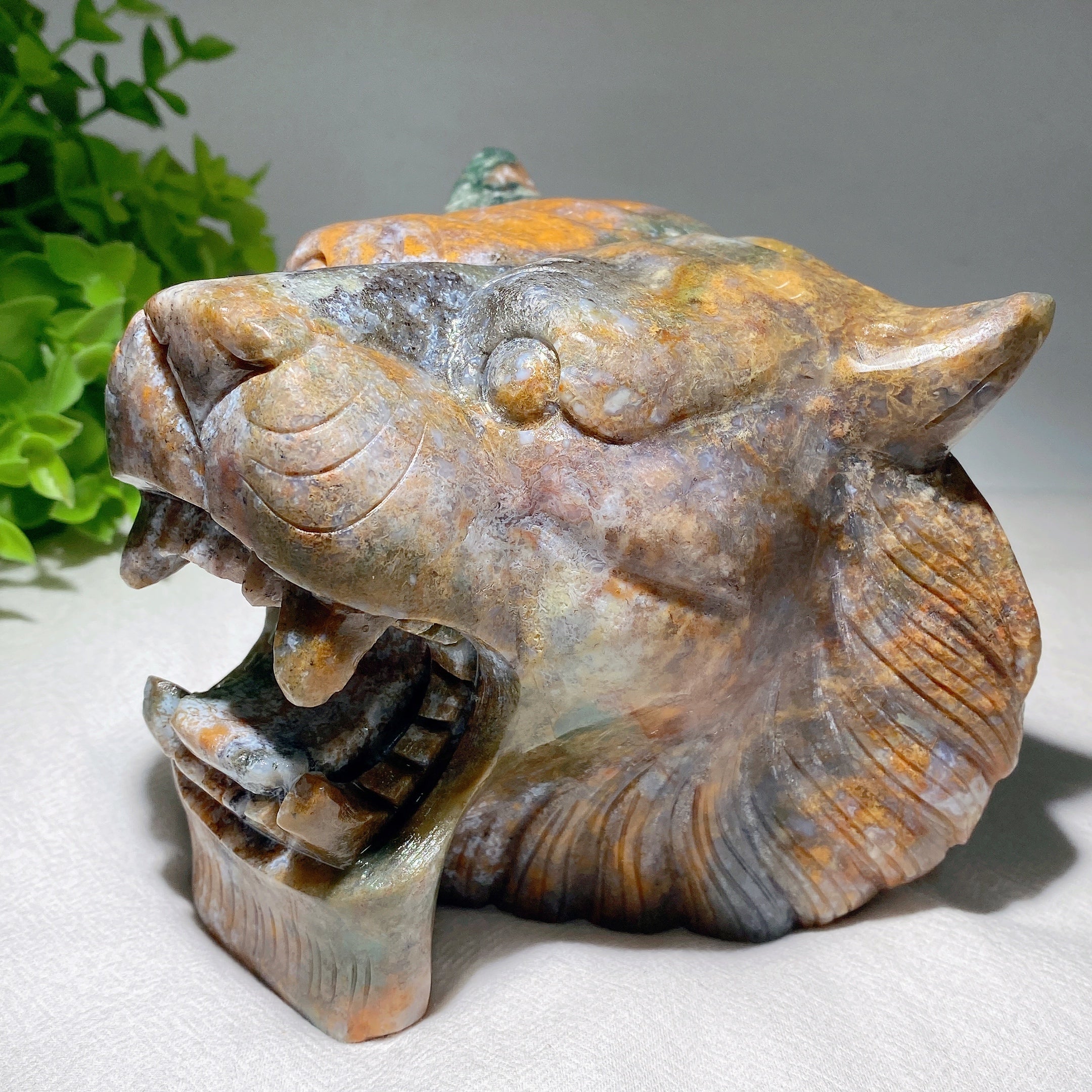 5.2 inch Ocean Jasper Tiger Head Crystal Carving for Healing