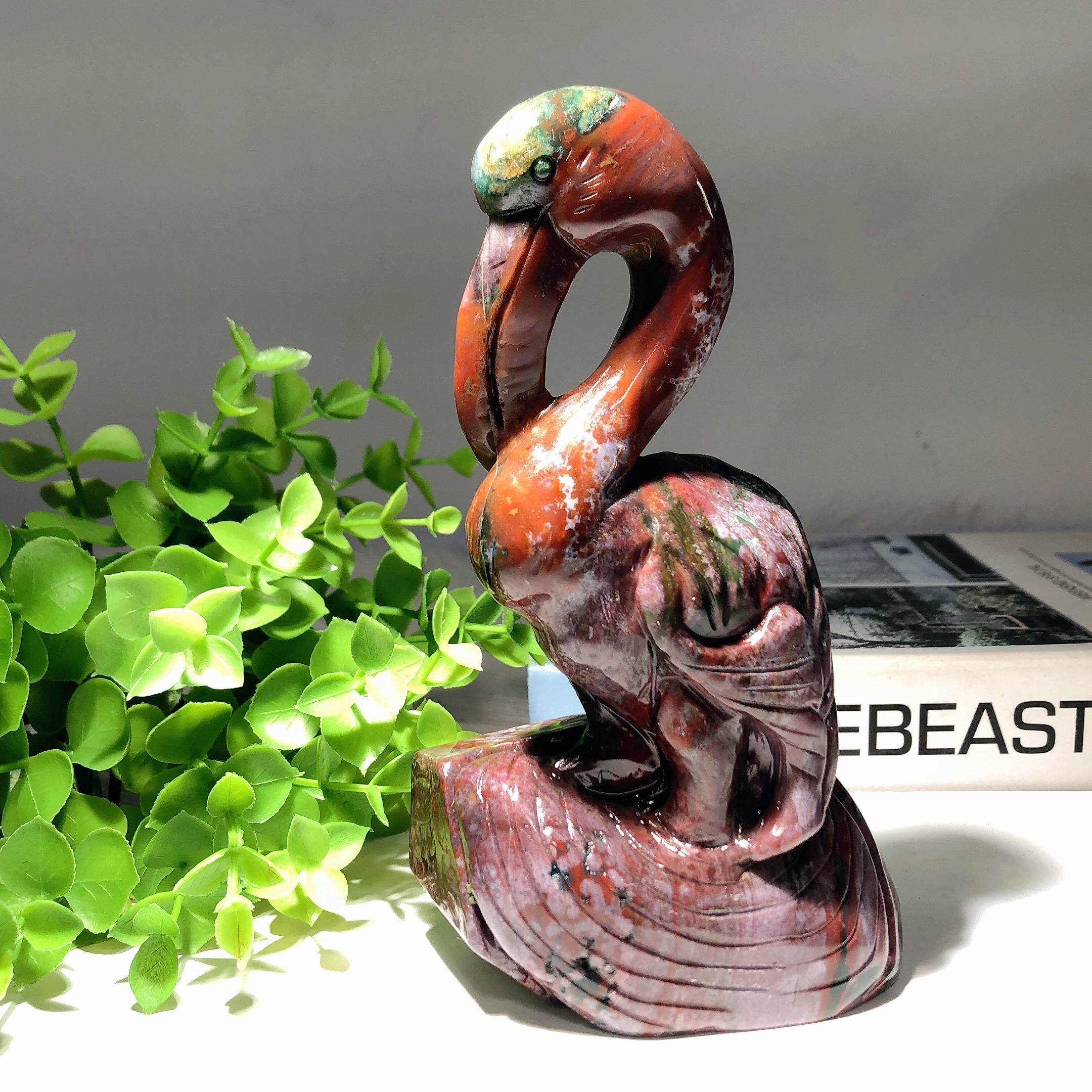 5.5-6.5in Moss Agate & Ocean Jasper Flamingo Crystal Figurines
