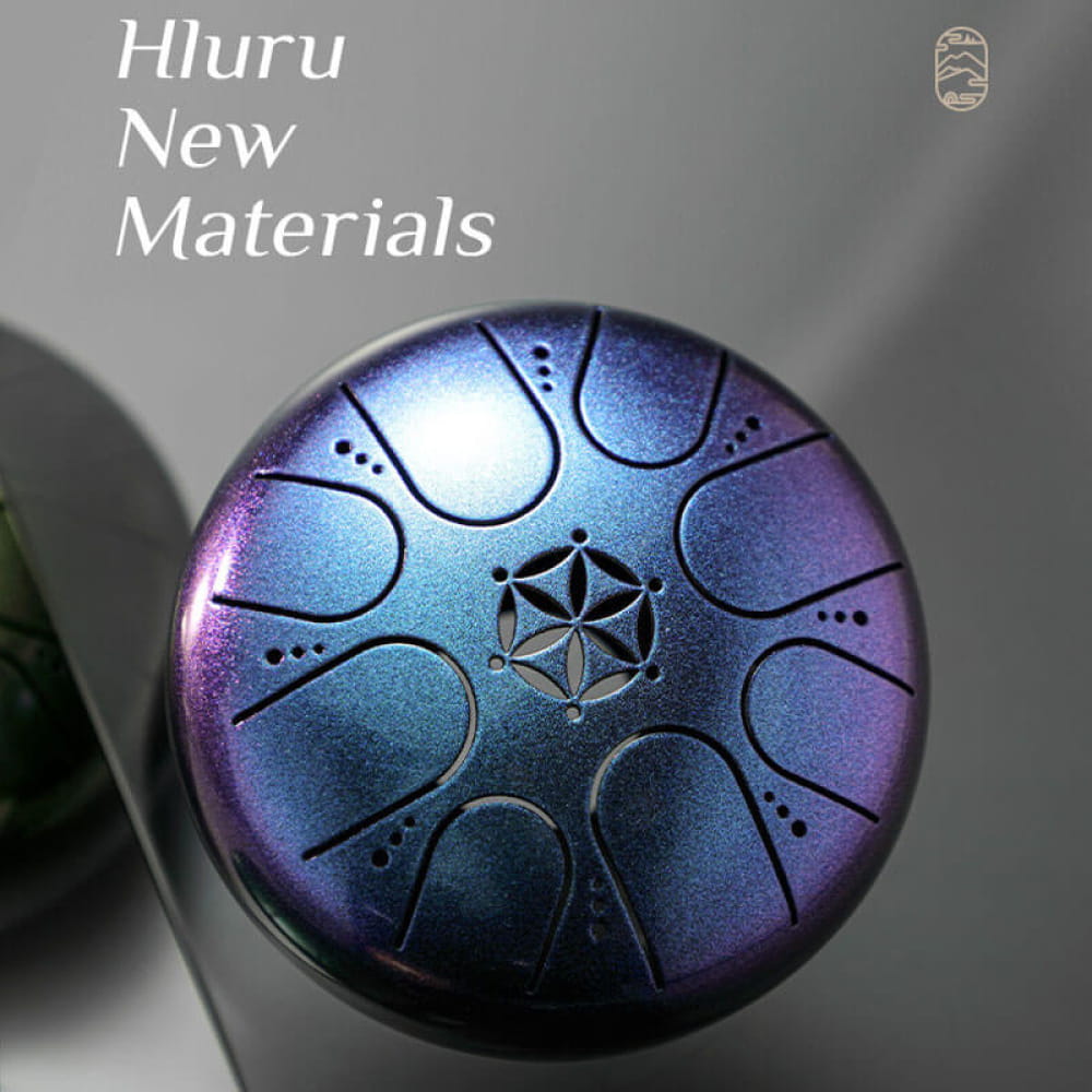 Iridescent blue-purple 5-inch steel tongue drum with geometric patterns and C key