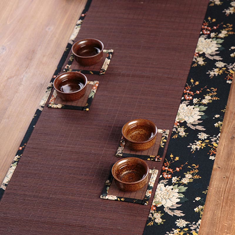 Vintage Bamboo Tea Mat 35x100cm | Peony Flower Coaster