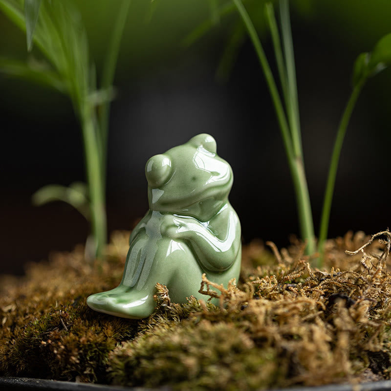 Mini Ceramic Meditation Frog Figurine for Luck & Wealth