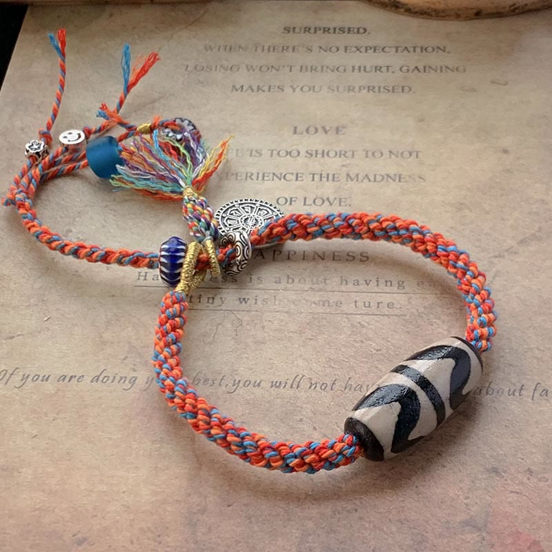Om Mani Padme Hum Bracelet | Tibetan Dzi Bead Silver Braid