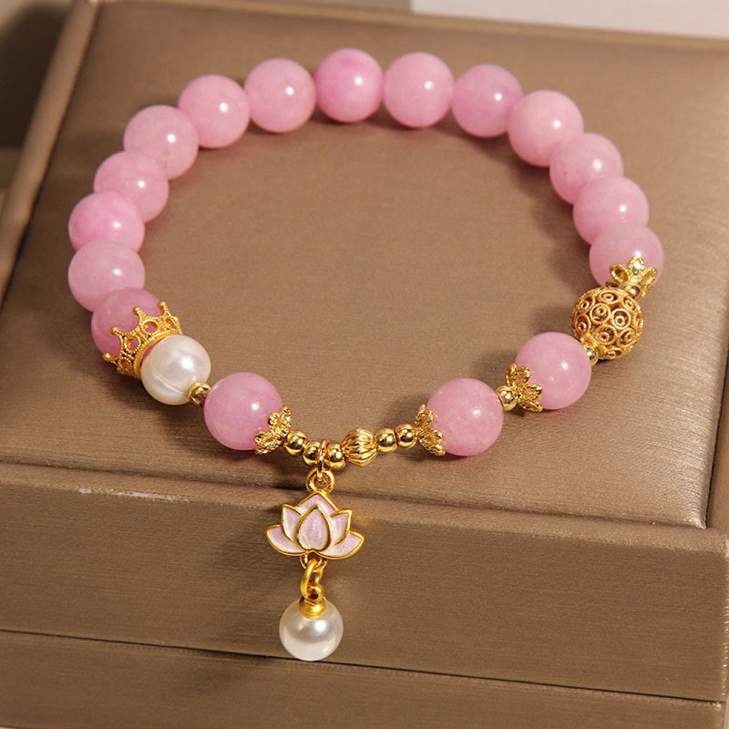 8mm Authentic Pink Jade Pearl Lotus Charm Bracelet