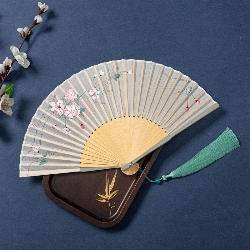 21cm Chinese Folding Fan with Lotus Begonia Jasmine Motifs in Bamboo Frame