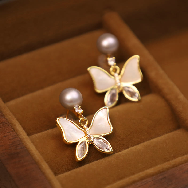 Natural Abalone Shell Pearl Stud Earrings with Butterfly Design