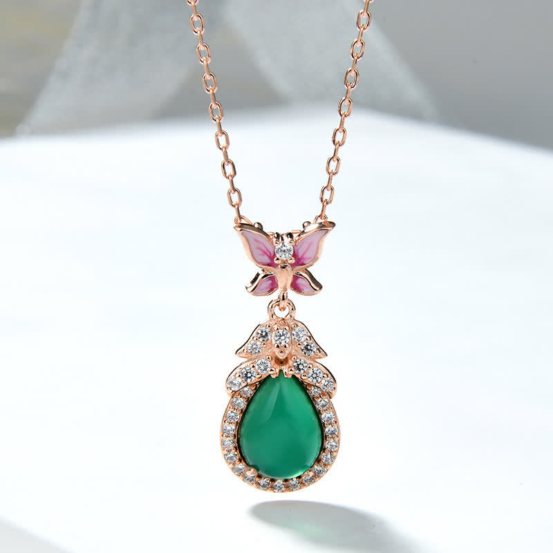 Unisex Green Chalcedony Butterfly Courage Necklace in Silver or Rose Gold