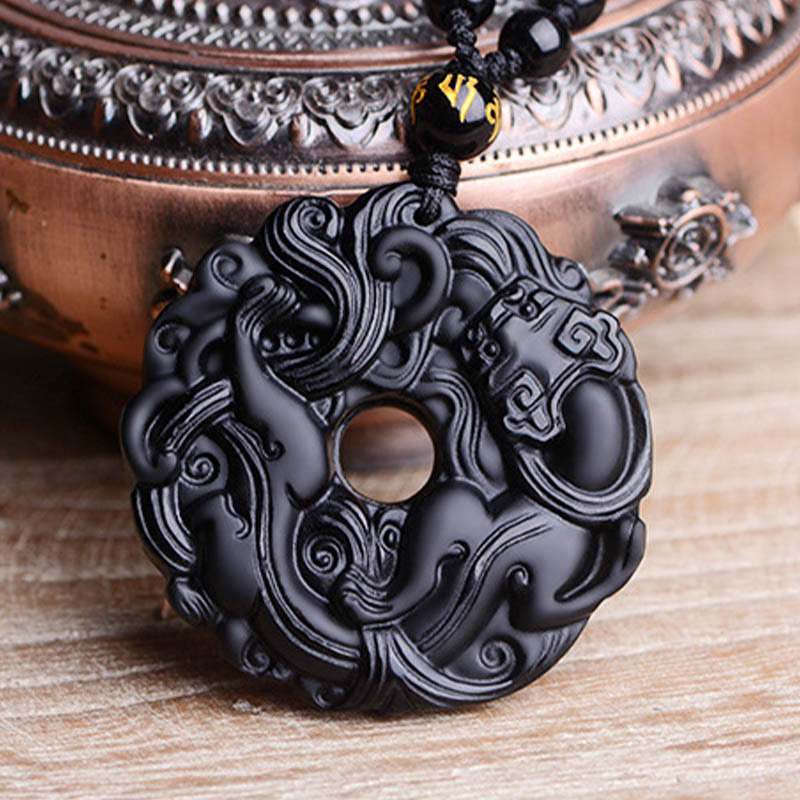 Black Obsidian Peace Buckle Pixiu Protection Necklace