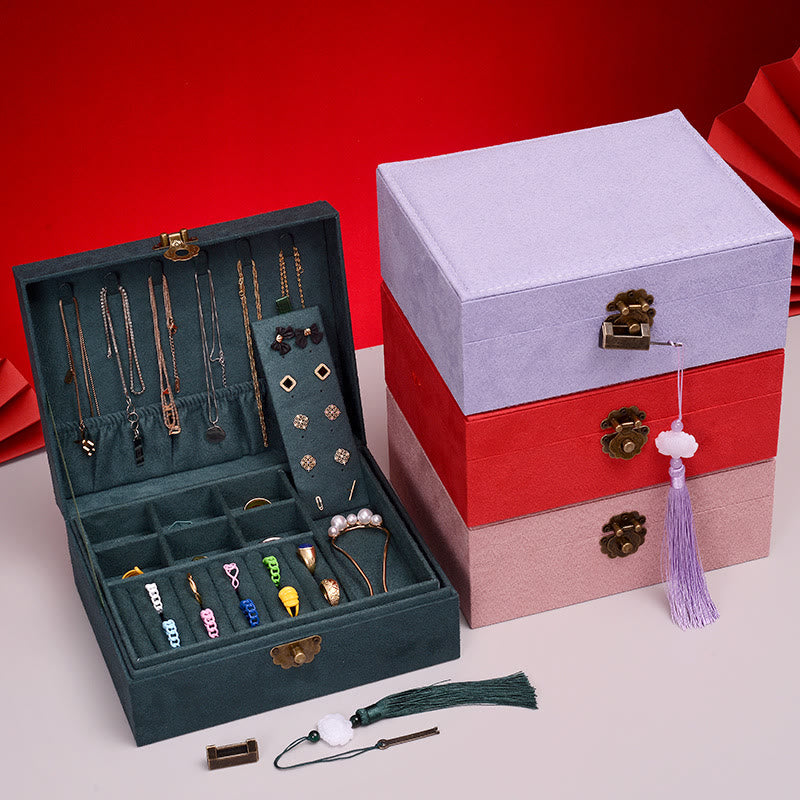 Two-Layer Flannel Jewelry Box with Lock for Zen Decor