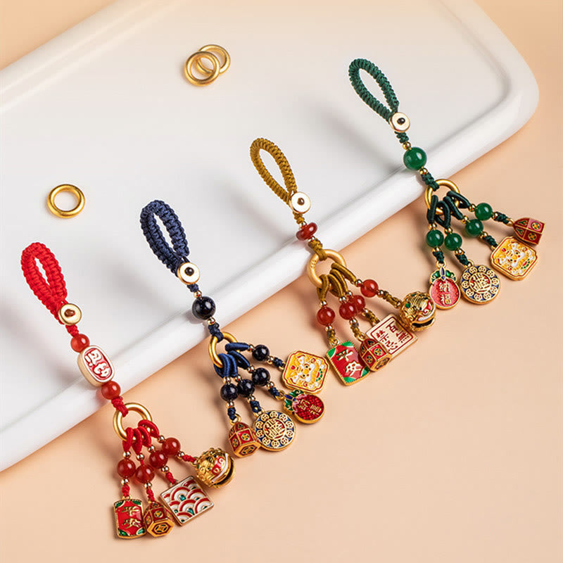 Copper Dancing Lion Wealth Key Chain for Car Hanging Charm