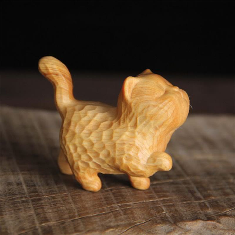 6cm Thuja Sutchuenensis & Boxwood Cat Figurine for Prosperity & Grounding