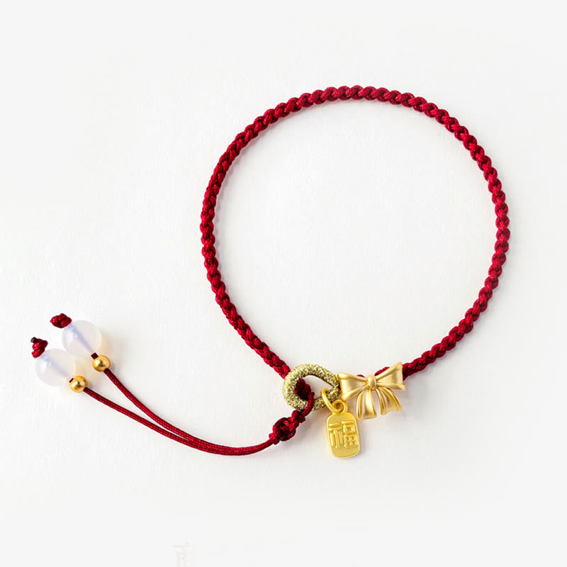 Red String Bracelet with Fu Character Charm and Peach Blossom Detail