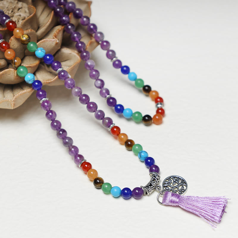 Unisex 108 Bead Mala Necklace with Amethyst & Tiger Eye Healing Beads