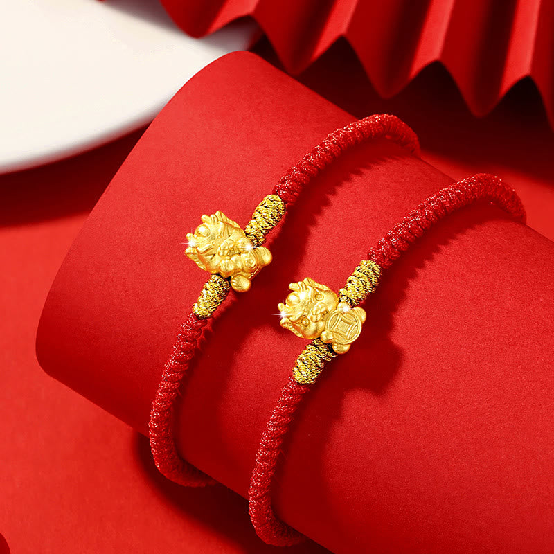 999 Sterling Silver Dragon Bracelet with Red String for Luck & Protection