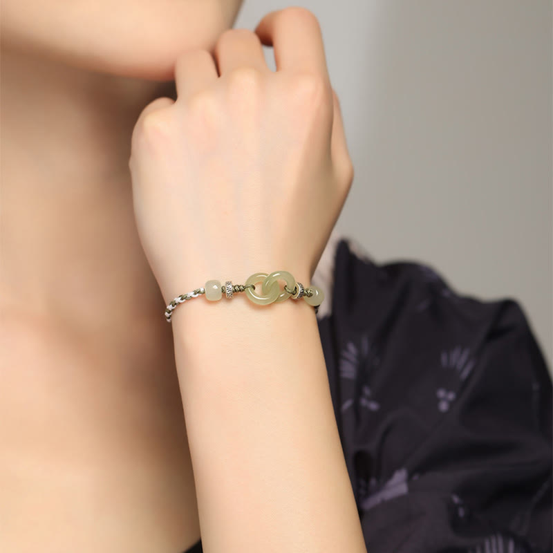Natural Hetian Jade Peace Buckle Braided Bracelet