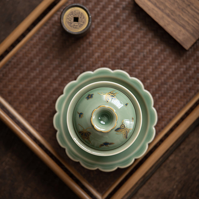 Green Porcelain Gaiwan Tea Set | Butterfly Flower & Salmon Design