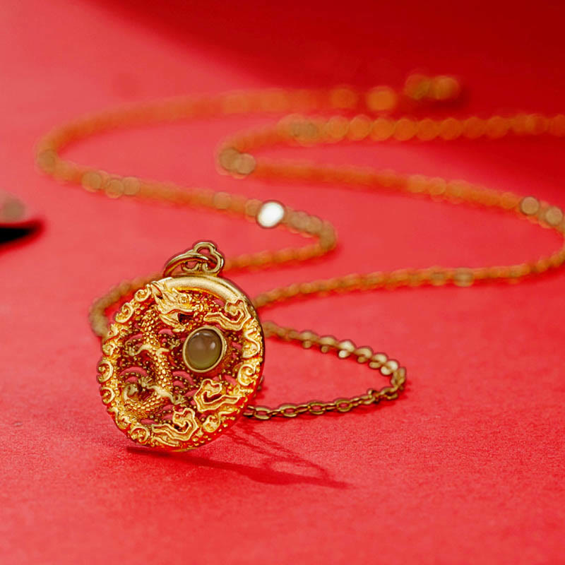 925 Sterling Silver Jade Dragon Necklace with Auspicious Clouds for Protection