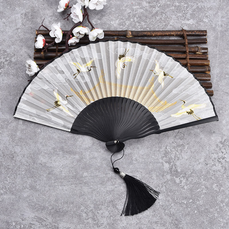 Classic Bamboo Hand Fan | Vintage Cloud Crane Pattern