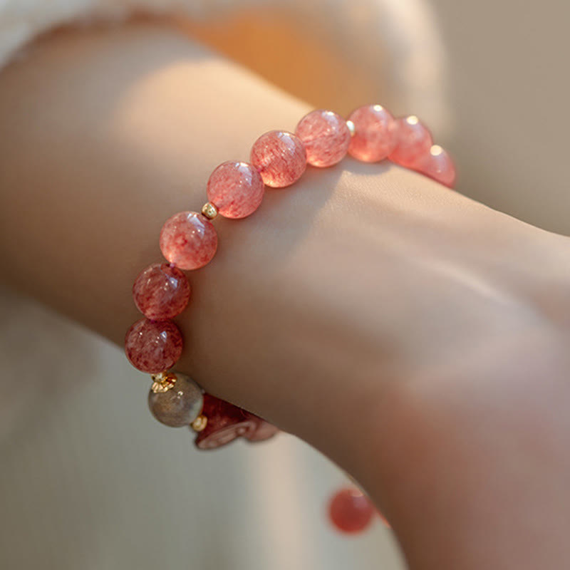 Pixiu Bracelet with Strawberry Quartz Moonstone 8.5mm Beads for Love
