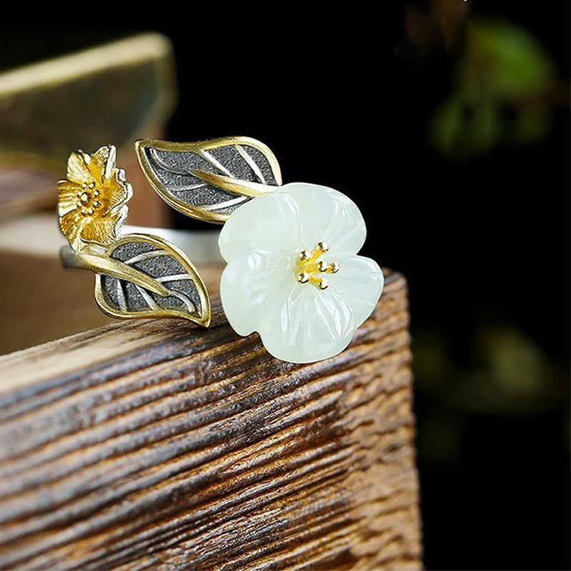 Unisex White Jade Luck Ring with 925 Silver Plated Copper Plum Flower