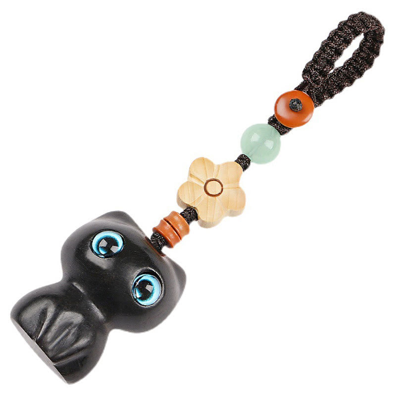 Ebony Wood Lucky Cat Key Chain for Spiritual Peace & Balance