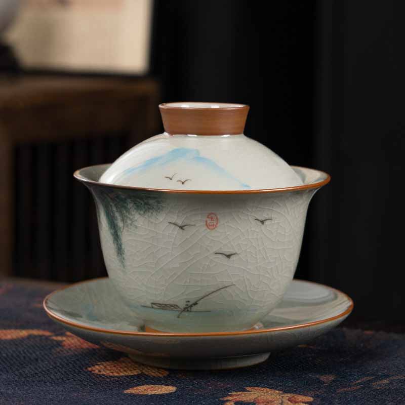 Zen Ceramic Lotus Koi Fish Gaiwan Teacup 140ml