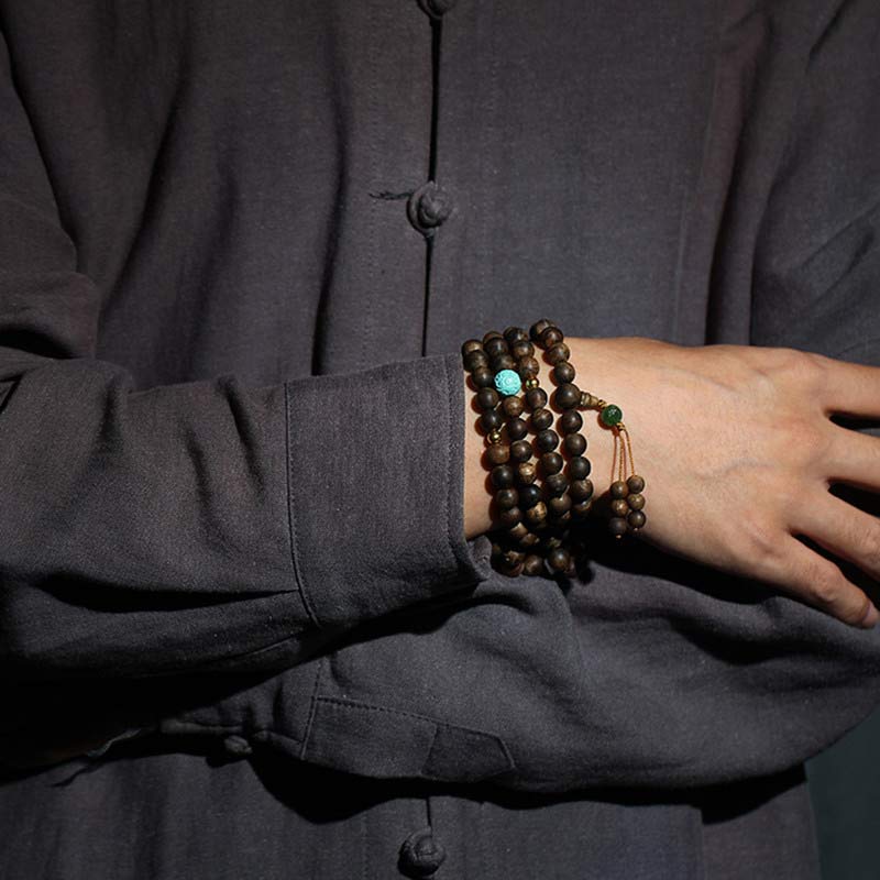 108 Wood Mala Beads Agarwood Turquoise Bracelet for Meditation