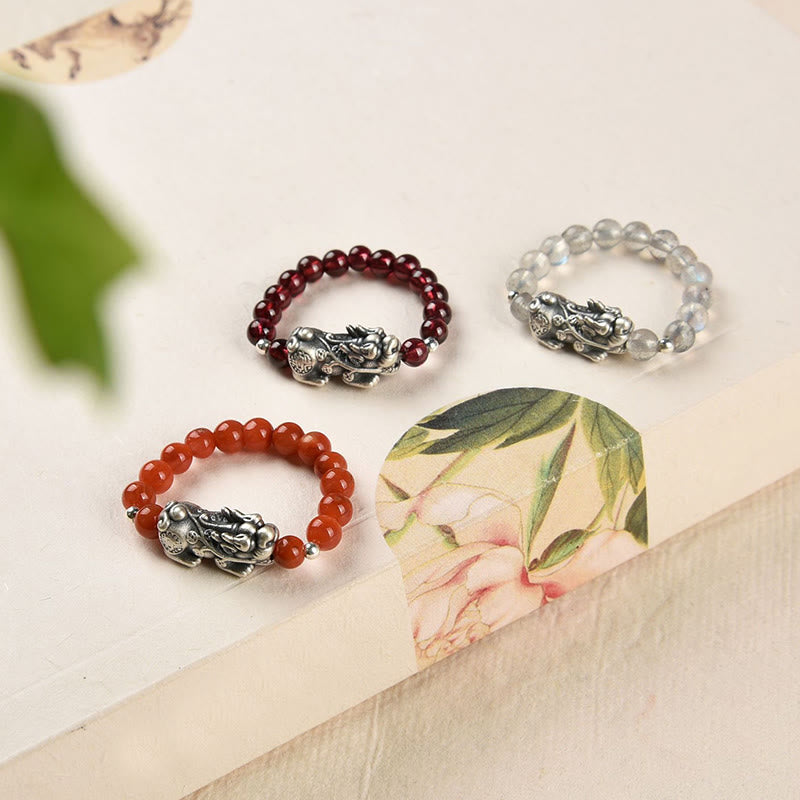 925 Sterling Silver Garnet PiXiu Wealth Ring for Protection