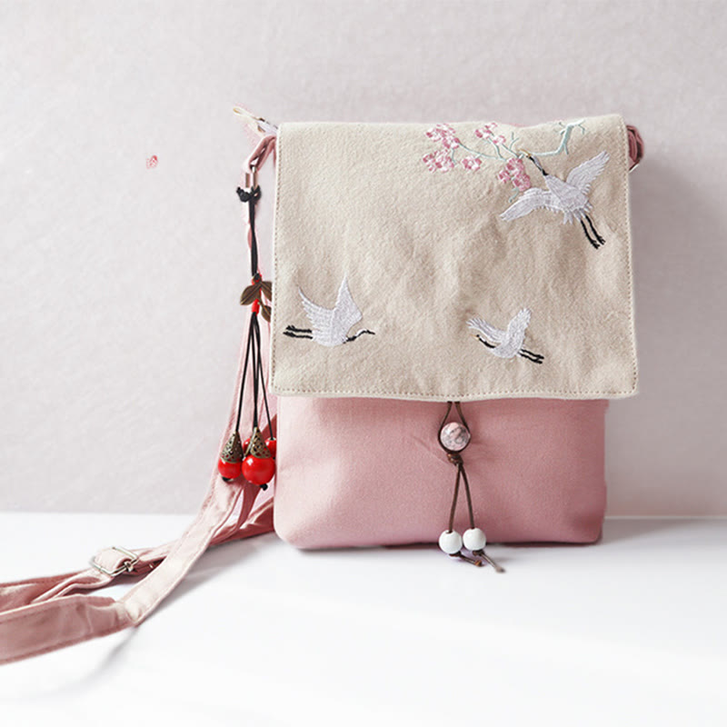 Handmade Canvas Crossbody Bag with Plum Flowers 20x23cm