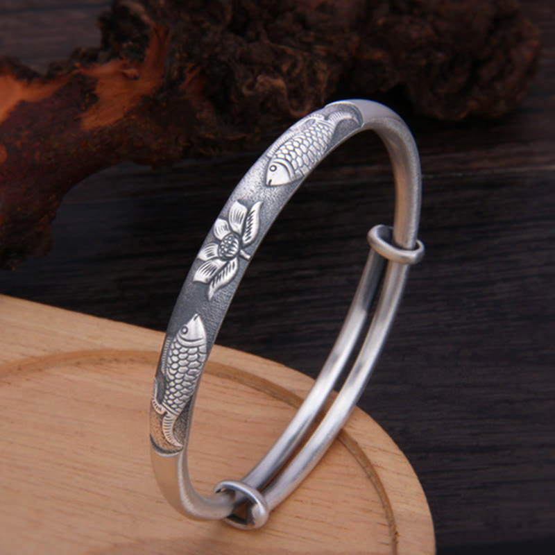 Sterling Silver Koi Fish Lotus Luck Bracelet Adjustable