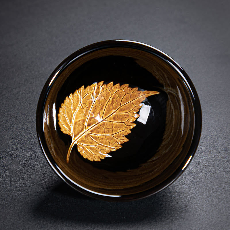 Gold Maple Leaf Jian Zhan Tenmoku Ceramic Teacup 120ml