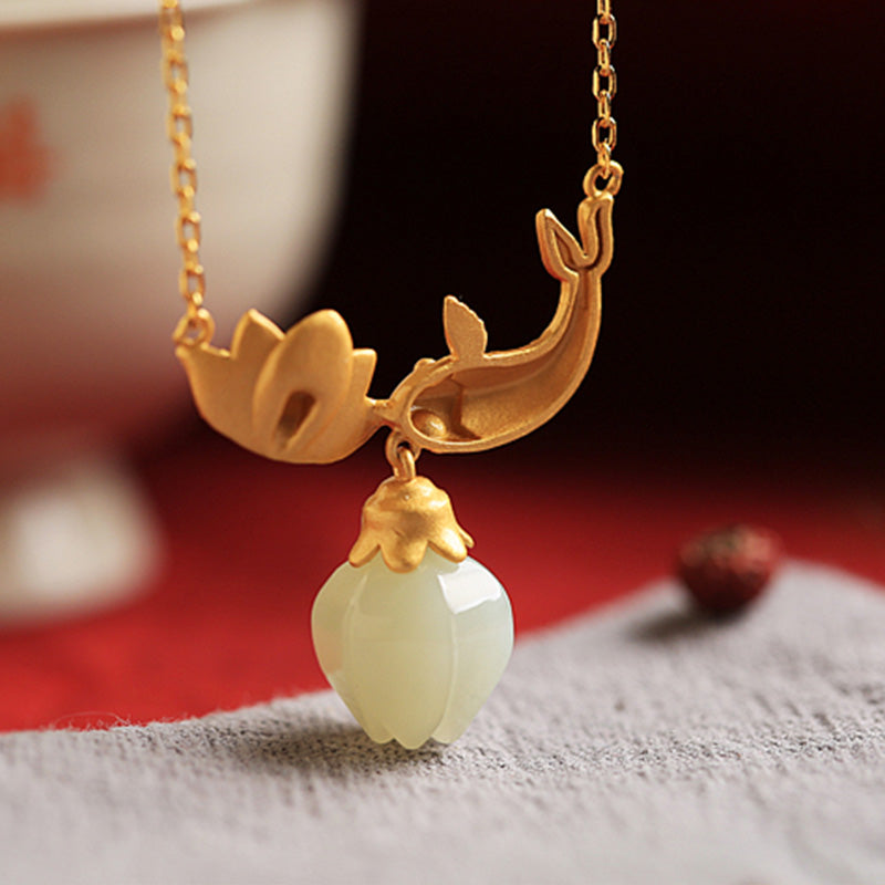White Jade Koi Fish Lotus Protection Necklace Pendant