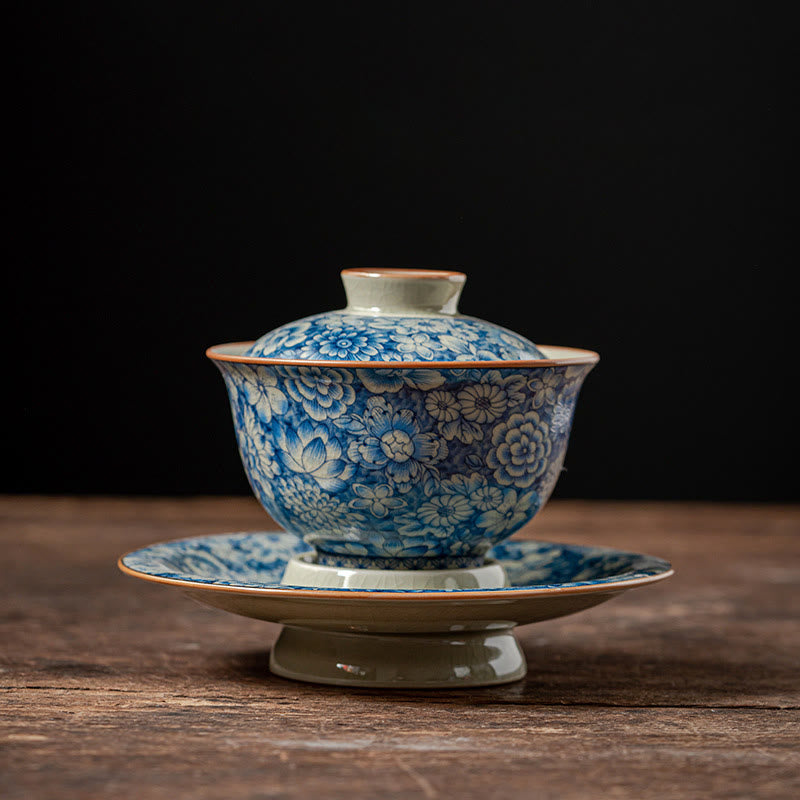 Vintage Blue White Porcelain Gaiwan Teacup with Lid 150ml
